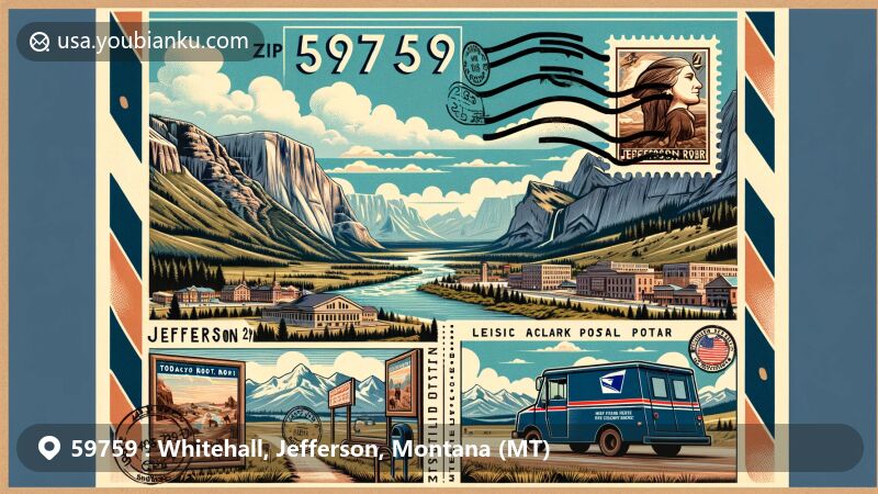 Modern illustration of Whitehall, Jefferson County, Montana, with postal theme showcasing ZIP code 59759, featuring Tobacco Root and Highland Mountain ranges, Lewis and Clark Caverns State Park, Jefferson River, and Lewis and Clark Expedition murals.