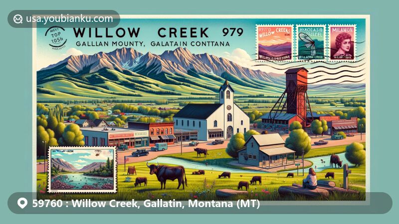 Modern illustration of Willow Creek, Gallatin County, Montana, featuring Tobacco Root Mountains, Hollowtop Mountain, historic grain elevator, Methodist church, art galleries, Willow Creek School, lush pastures, cattle, and postal elements with ZIP code 59760.