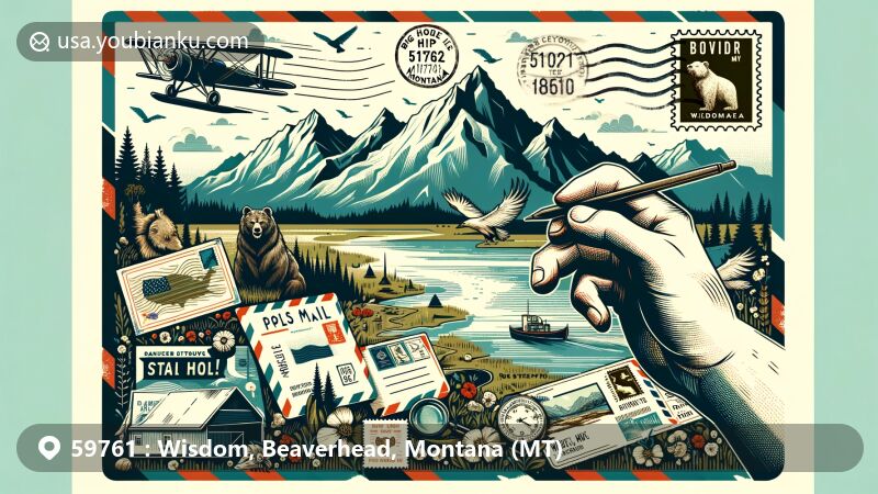 Modern illustration of Wisdom, Montana, featuring postal theme with ZIP code 59761, showcasing Big Hole River, Beaverhead Mountains, and Big Hole National Battlefield.