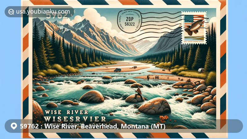 Modern illustration of ZIP Code 59762, Wise River, Beaverhead County, Montana, featuring Pioneer Mountains, Wise River, boulders, rapids, hikers, Pioneer Mountains Scenic Byway, Beaverhead-Deerlodge National Forest, Montana's state flag, and postmark.