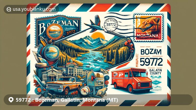 Modern illustration of Bozeman, Gallatin County, Montana, showcasing postal theme with ZIP code 59772, featuring Montana State University campus, Gallatin River, red mailbox, and vintage postal truck.