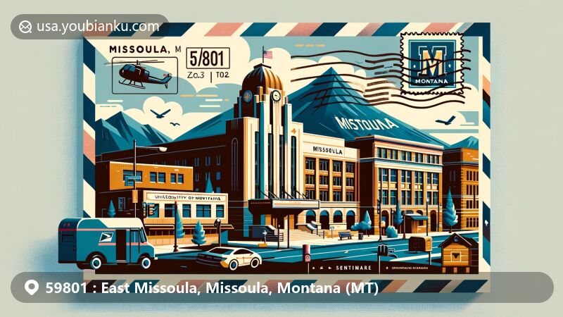 Contemporary illustration of Missoula, Montana, highlighting ZIP Code 59801 with University of Montana buildings, Wilma Theatre, and iconic 'M' on Mount Sentinel. Features include a stamp, postmark with ZIP Code 59801, mailbox, mail vehicle, and Montana state flag.