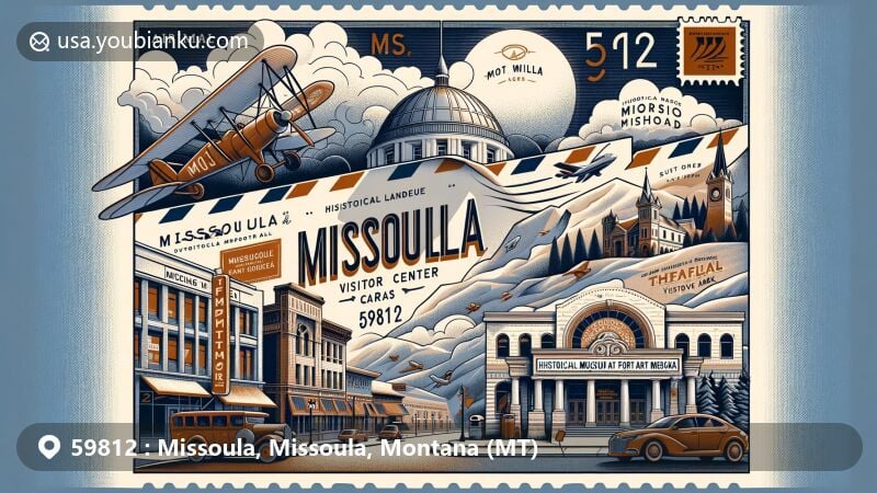 Modern illustration of Missoula, MT 59812 showcasing iconic landmarks like Wilma Theatre, Smokejumper Visitor Center, Historical Museum at Fort Missoula, Caras Park, Missoula Art Museum, and St. Francis Xavier Church.