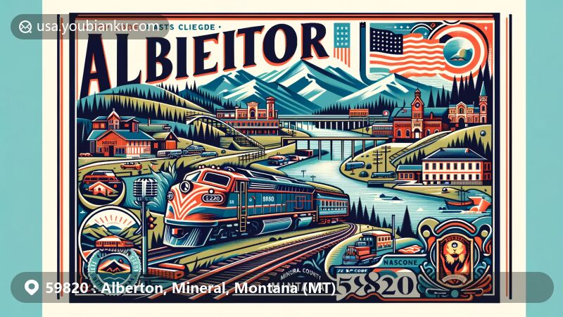 Modern illustration of Alberton, Montana, reflecting ZIP code 59820, blending railway heritage, Clark Fork River scenery, Mineral County landmarks, and Montana state flag.