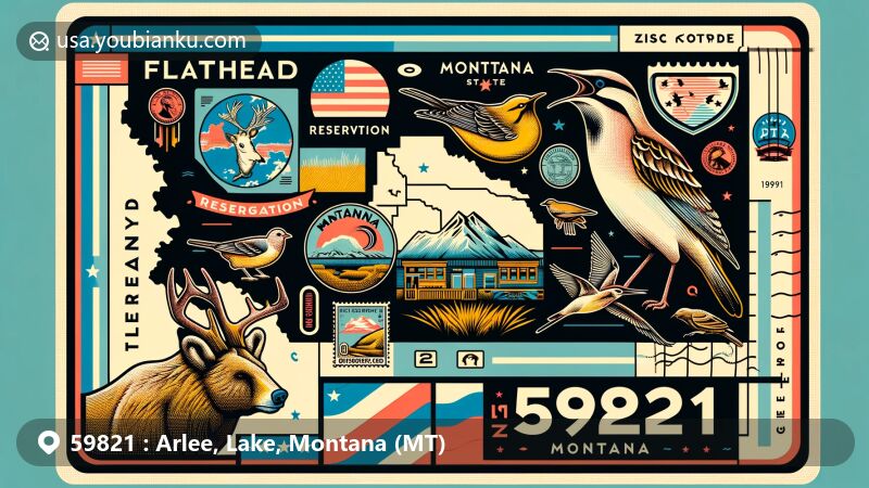 Vibrant illustration of the ZIP code 59821 area in Arlee, Montana, incorporating elements of Flathead Reservation map, Montana's state flag and seal, Western Meadowlark, Grizzly Bear, stamps, and ZIPCode.