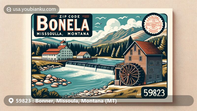 Modern illustration of Bonner, Missoula, Montana, highlighting the confluence of Blackfoot River and Clark Fork River, with a historical sawmill representing Bonner's industrial heritage.