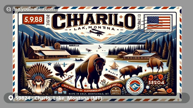 Modern illustration of Charlo, Lake, Montana, postal-themed, highlighting National Bison Range with American bison and Ninepipes Museum, showcasing Flathead Indian Reservation's culture.
