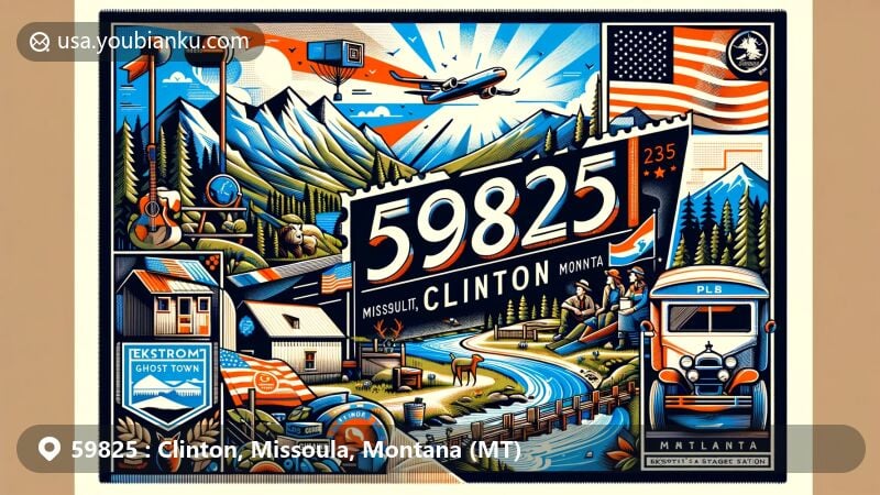 Modern illustration of Clinton, Montana, showcasing postal theme with ZIP code 59825, featuring state symbols, Garnet Ghost Town, Ekstrom’s Stage Station, and natural landscapes.
