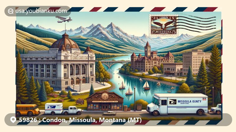 Modern illustration of Condon, Missoula, Montana, showcasing postal theme with ZIP code 59826, featuring Swan River, Swan and Mission mountain ranges, Wilma Theatre, Missoula County Courthouse, University of Montana's Main Hall, and Florence Hotel in art deco style.
