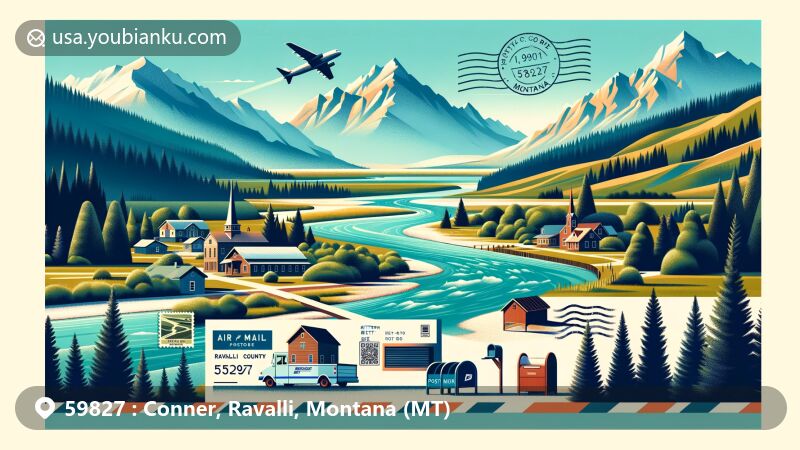 Modern illustration of Conner, Ravalli County, Montana, capturing the scenic beauty of Bitterroot River confluence with Bitterroot Mountains as background, creatively designed as airmail envelope with ZIP code 59827, featuring mailbox, postal van, and postmark.