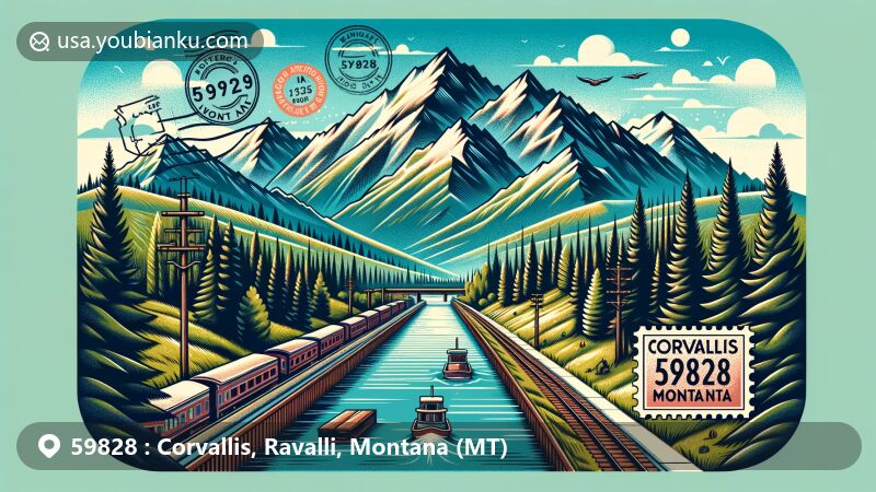 Modern illustration of Corvallis, Montana, capturing the picturesque Bitterroot Mountains and the tranquil Corvallis Canal, embodying the natural beauty of the area with postcard elements and the '59828' ZIP code.