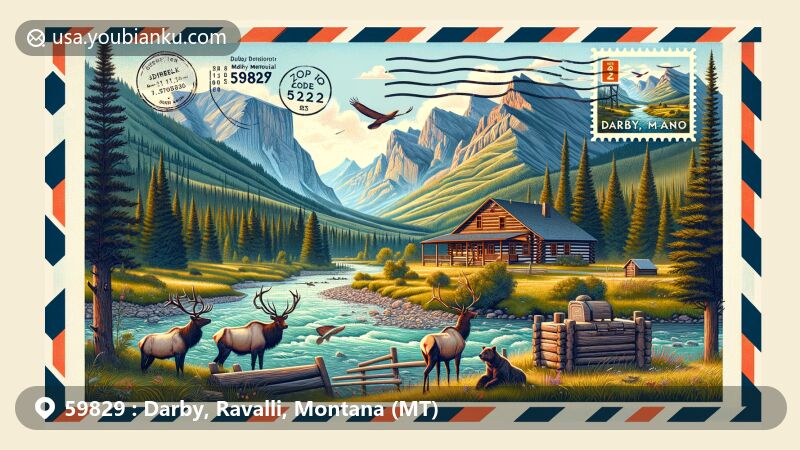 Modern illustration of Darby, Montana, and Bitterroot Valley, ZIP code 59829, featuring Bitterroot Mountains, Bitterroot River, local wildlife, and Darby Pioneer Memorial Museum's log cabin, with postal elements like stamp and postmark.