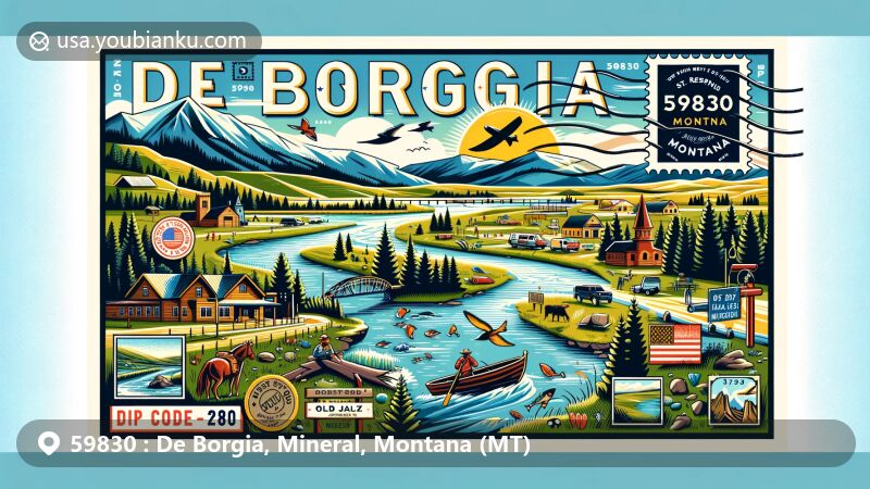 Modern illustration of De Borgia, Montana, representing ZIP code 59830, featuring St. Regis River, hiking, fishing, and Old Jail Museum.
