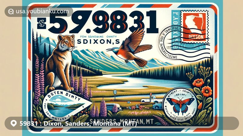 Modern illustration of Dixon, Sanders, Montana, featuring vintage airmail envelope with ZIP code 59831, showcasing Montana's state symbols - grizzly bear, Western Meadowlark, and Bitterroot flower, set against scenic Flathead River backdrop and Sanders County outline.