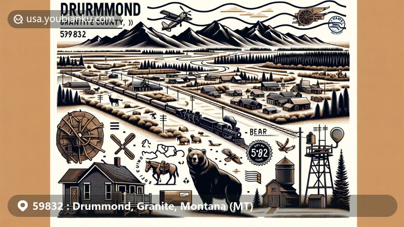 Modern illustration of Drummond, Granite County, Montana, featuring ZIP code 59832, showcasing regional characteristics and postal elements like railroad and ranching symbols, along with Bear Paw Mountains in a postcard layout.