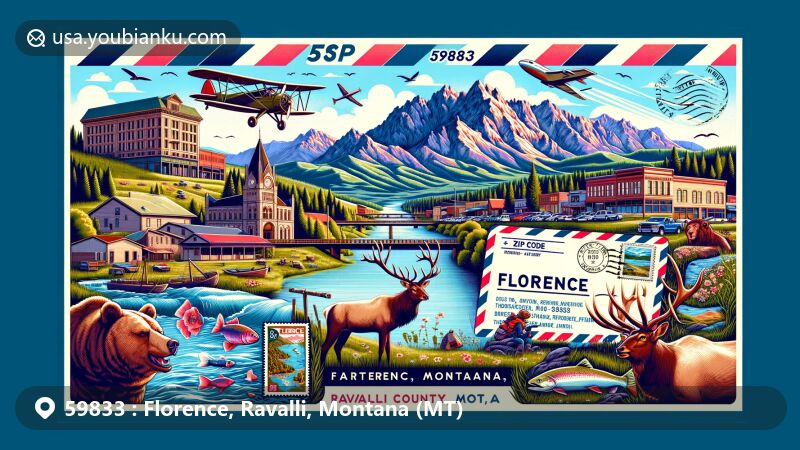 Modern illustration of Florence, Ravalli County, Montana, showcasing postal theme with ZIP code 59833, featuring picturesque postcard and airmail envelope, Bitterroot Mountains, Bitterroot River, elk, trout, and rustic town charm.