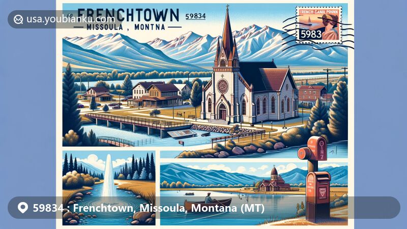 Modern illustration of Frenchtown, Missoula County, Montana, showcasing postal theme with ZIP code 59834, featuring Saint Louis Catholic Church, Frenchtown Pond State Park, Clark Fork River, and Bitterroot Mountains.