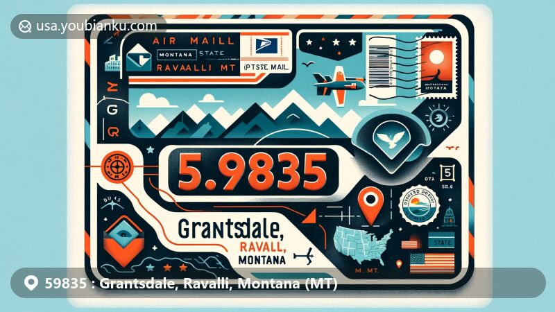 Creative illustration of Grantsdale, Ravalli, Montana (MT) postal theme with ZIP code 59835, featuring state symbols and subtle postal motifs.