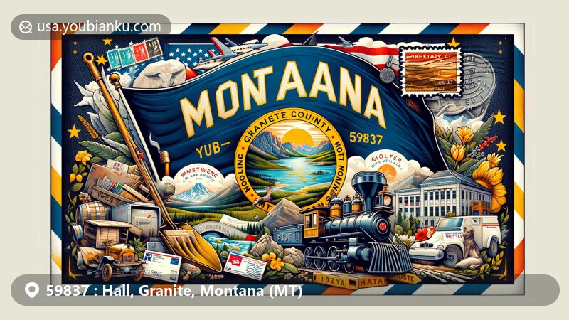 Modern illustration of Hall, Granite County, Montana, showcasing postal theme with ZIP code 59837, featuring Montana state flag and iconic landmarks like Yellowstone and Glacier National Park.