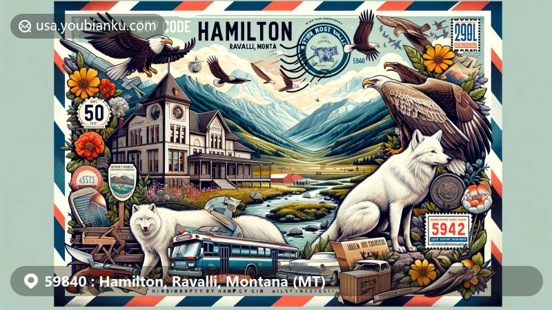 Modern illustration of Hamilton, Ravalli, Montana, inspired by airmail envelope design, showcasing Ravalli County Museum, Bitter Root Valley symbols, and wildlife like white wolf, hawk, eagle, and elk.