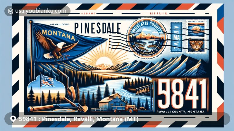 Modern illustration of Pinesdale, Ravalli County, Montana, styled as an airmail envelope, featuring Montana state flag, Bitterroot River, Bitterroot Mountain Range, and ZIP code 59841.