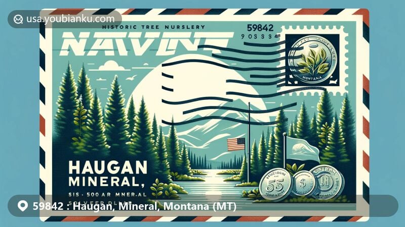 Contemporary illustration of Haugan, Mineral, Montana, highlighting ZIP code 59842, showcasing Savenac Historic Tree Nursery and the 50,000 Silver Dollar Bar.