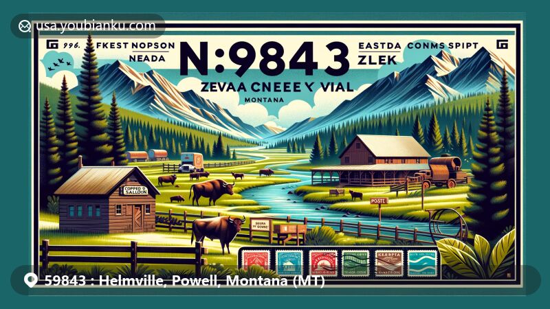 Modern illustration of Helmville, Montana, depicting the scenic Nevada Creek valley, Garnet Mountains, traditional ranch, and the Copper Queen Saloon, with postal elements like post office, stamps, postmark, and ZIP code 59843.