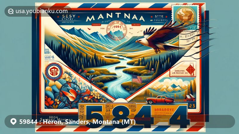 Modern illustration of Heron, Sanders, Montana, featuring airmail envelope with Montana state flag, Sanders County outline, Clark Fork River, Cabinet and Bitterroot Mountains, postal stamp with ZIP code 59844, and postal cancellation mark.