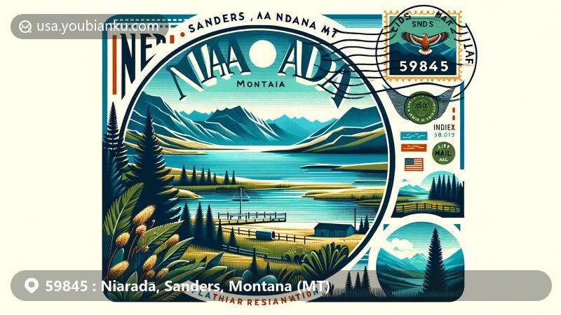 Modern illustration of Niarada, Sanders County, Montana, featuring scenic beauty with ZIP code 59845, inspired by a creative postcard design highlighting Flathead Lake.