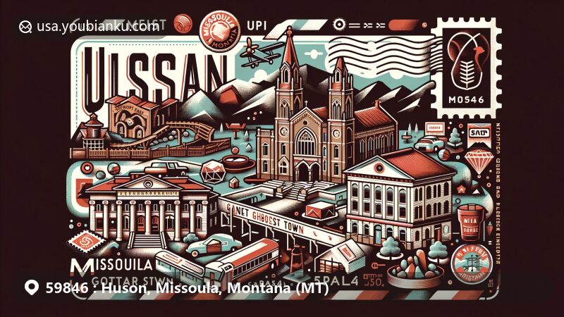 Modern illustration of Huson, Missoula, Montana, blending landmarks like Garnet Ghost Town, University of Montana, and St. Francis Xavier Church with postal themes, including postcard and postage stamps, highlighting ZIP code 59846.