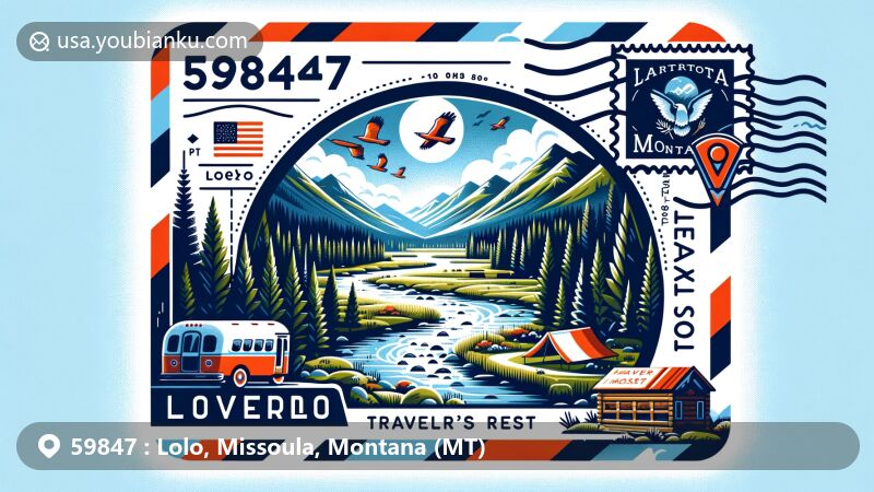 Modern illustration of Lolo, Montana, showcasing postal theme with ZIP code 59847, featuring Traveler's Rest and scenic wonders of Lolo National Forest.