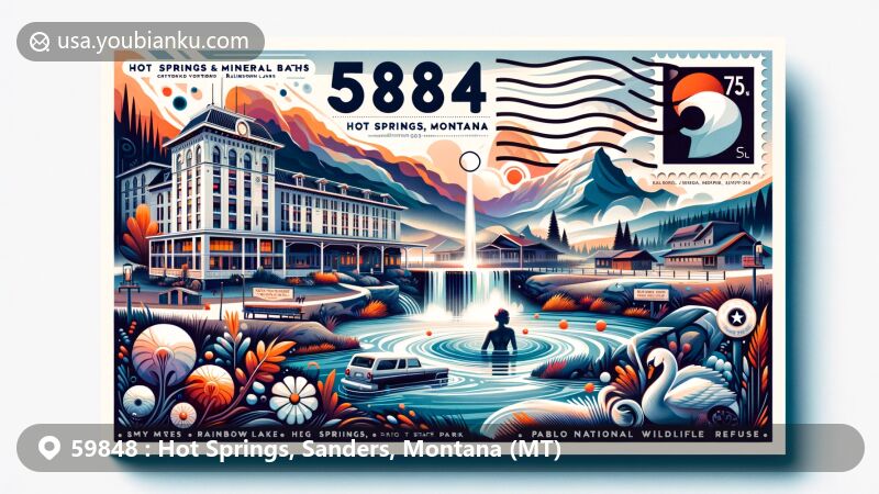 Modern illustration of Hot Springs, Montana, showcasing ZIP code 59848, featuring Symes Hot Springs Hotel & Mineral Baths, Rainbow Lake, Big Arm State Park, and Pablo National Wildlife Refuge.