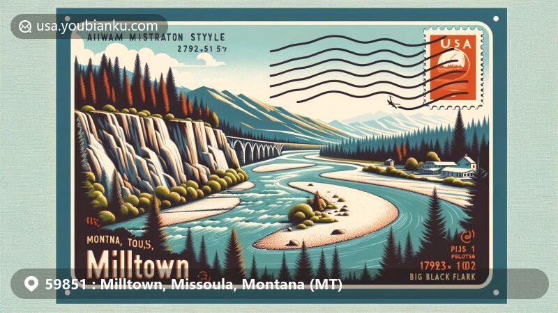 Airmail envelope-style postcard showcasing Milltown, Montana, USA, highlighting Clark Fork and Big Blackfoot rivers, Milltown State Park's landscapes, ZIP Code 59851, stamps, and postmarks.