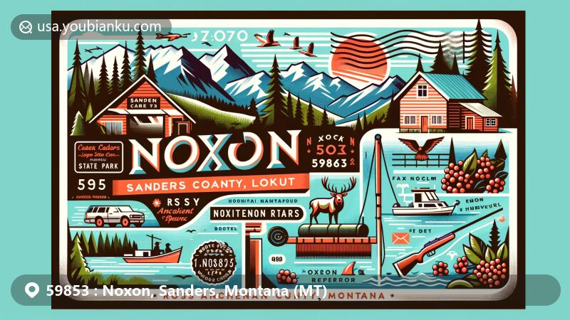 Vintage-style postcard illustration for Noxon, Sanders County, Montana, featuring landmarks like Ross Ancient Cedars State Park, Berray Mountain Lookout, Noxon Rapids Dam, Kootenai National Forest, and activities like hunting, huckleberry picking, fishing at Noxon Reservoir. Includes postal elements and ZIP code 59853.