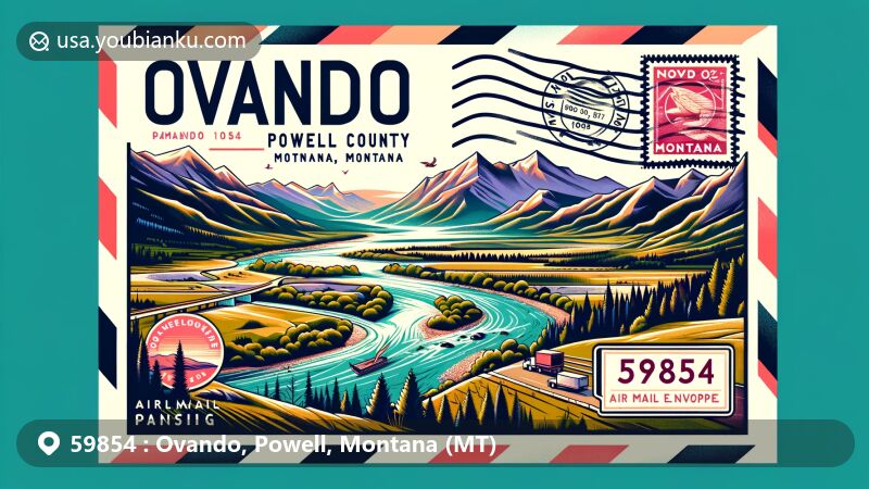 Modern illustration of Ovando, Powell County, Montana, showcasing postal theme with ZIP code 59854, featuring Blackfoot River, mountains, and state symbols.