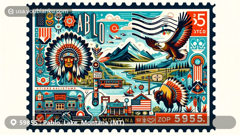 Modern illustration of ZIP code 59855, Pablo in Lake County, Montana, featuring Three Chiefs Culture Center, Pablo National Wildlife Refuge, and cultural elements of Salish, Kootenai, and Pend d'Oreille tribes.
