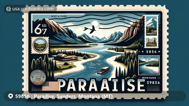 Modern illustration of Paradise, Montana, capturing the confluence of Flathead River and Clark Fork River. Styled as a postcard with ZIP code 59856, featuring postal elements like stamps and a postmark.