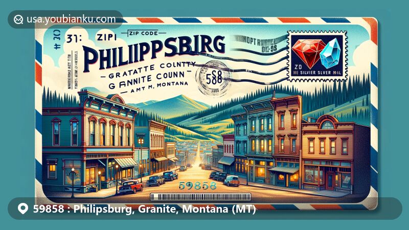 Modern illustration of Philipsburg, Granite County, Montana, highlighting historic district buildings from the late 19th-century mining era, with stylized and colorful architecture. The artwork features a detailed postcard or air mail envelope with Montana state flag stamp, ZIP Code 59858 postmark, and sapphire emblem.
