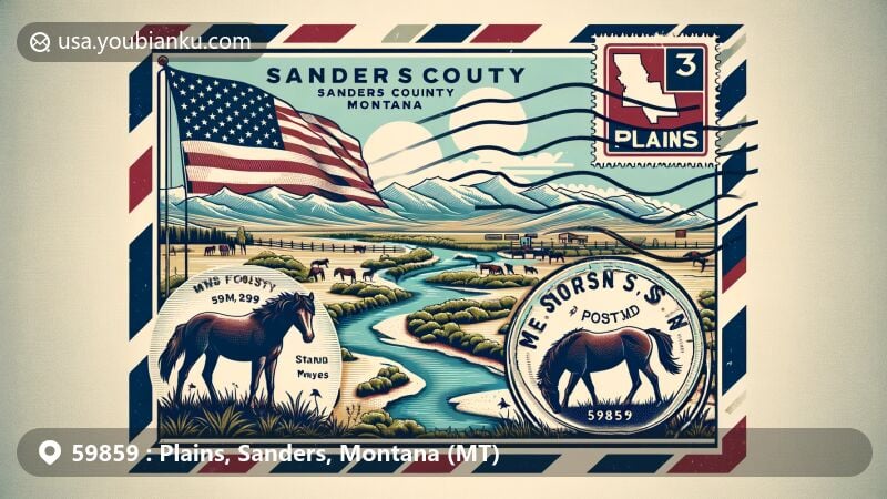 Colorful illustration of Plains, Sanders County, Montana, featuring a vintage postcard or airmail envelope design with details of the Clark Fork River, wild horses, and the Montana state flag, highlighted by a vintage postal stamp and postmark.