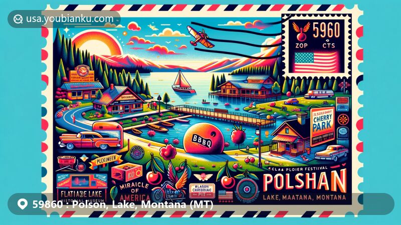 Modern illustration of Polson, Lake, Montana, featuring Flathead Lake, Cherry Festival, Sacajawea Park, Miracle of America Museum, Polson Flathead Historical Museum, Cherries BBQ Pit, and postal elements, highlighting the vibrancy of the area.