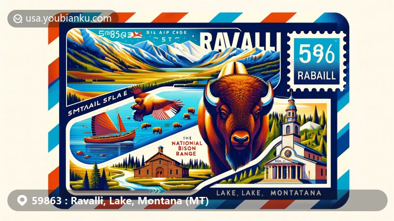 Modern illustration of Ravalli, Montana, featuring airmail envelope with ZIP code 59863, showcasing National Bison Range, St. Ignatius Mission, Bitterroot and Sapphire Mountains.