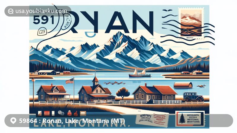 Modern illustration of Ronan, Lake, Montana (MT) featuring majestic Mission Mountains, Ninepipe National Wildlife Refuge, and Ninepipes Montana Early History Museum, with postal theme showcasing ZIP code 59864.