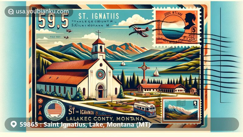 Modern illustration of St. Ignatius Mission, Lake County, Montana, with ZIP code 59865, highlighting historical architecture and Montana's scenic landscapes.