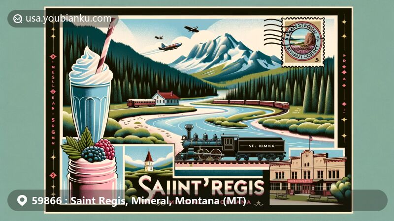 Lush illustration of Saint Regis, Montana, zip code 59866, highlighting natural beauty and historical elements, including the St. Regis River, Clark Fork, Lolo National Forest, and a historical train symbolizing railway history.