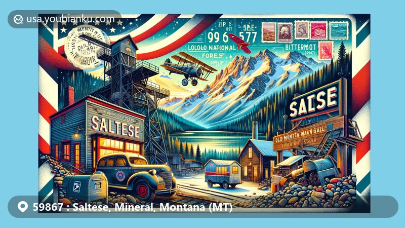 Modern illustration of Saltese, Montana, highlighting postal theme with ZIP code 59867, featuring vintage stamps, clear postmark, and Bitterroot Range backdrop.