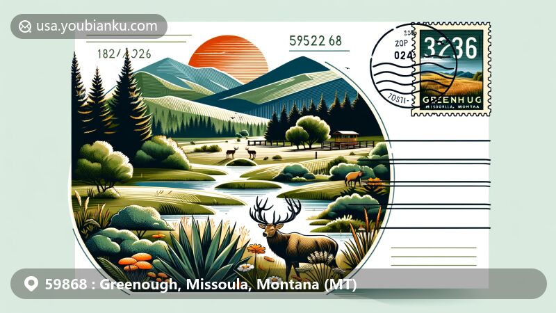 Serene illustration of Greenough Park, Missoula County, Montana, harmoniously blending lush greenery and wildlife with postal elements like postcard shape and ZIP code 59868.