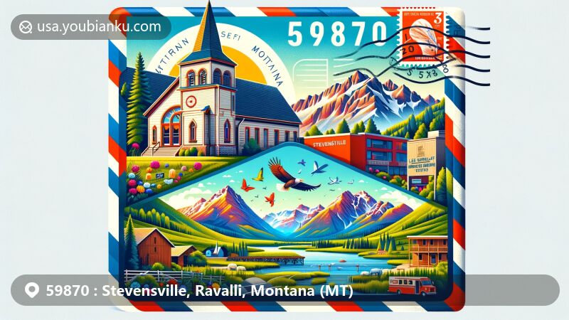 Modern illustration of Stevensville, Ravalli County, Montana, capturing postal theme with ZIP code 59870, featuring St. Mary's Mission, Lee Metcalf National Wildlife Refuge, and Bitterroot and Sapphire mountains.