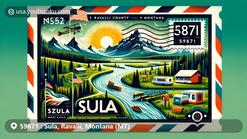 Modern illustration of Sula, Ravalli County, Montana, resembling an airmail envelope, showcasing Bitterroot Valley, Anaconda-Pintler Wilderness, and Montana state flag, with postal elements and ZIP code 59871.