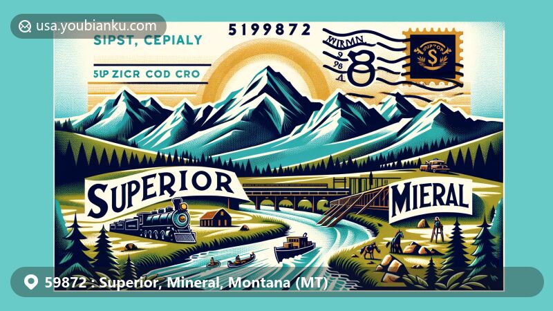 Modern illustration of Superior, Mineral, Montana, emphasizing postal theme with ZIP code 59872, featuring the Bitterroot Mountain range, Clark Fork River, and historical mining elements.