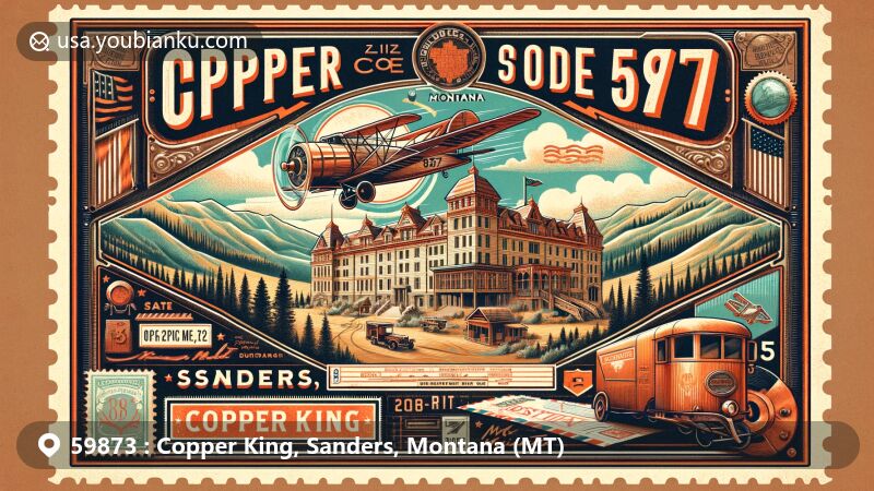 Modern illustration of Copper King area, Sanders County, Montana, featuring vintage airmail envelope with iconic Copper King Mansion, state flag, and postal heritage elements, set against backdrop of Montana mountains and forests.